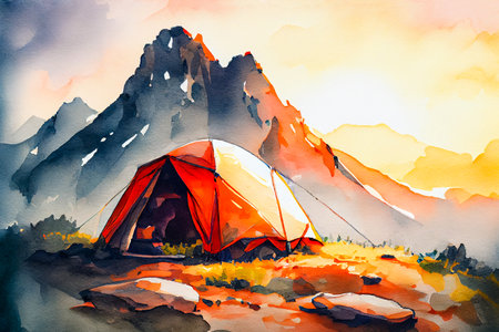 Tourist tent camping in mountains at sunset. Watercolor illustrationの素材