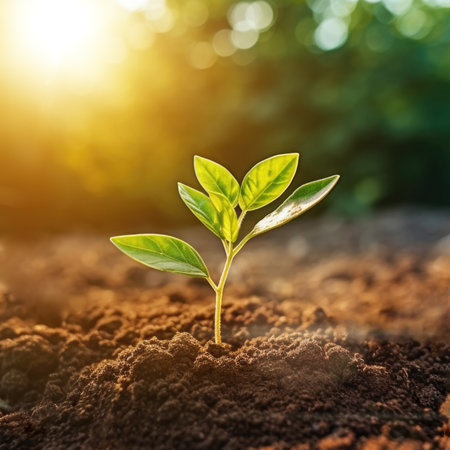 Young plant growing from seed in soil at sunny dayの素材