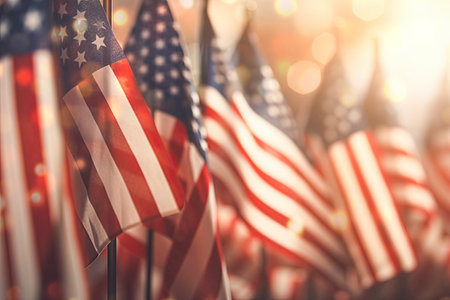 Closeup American flags with blurred backgroundの素材