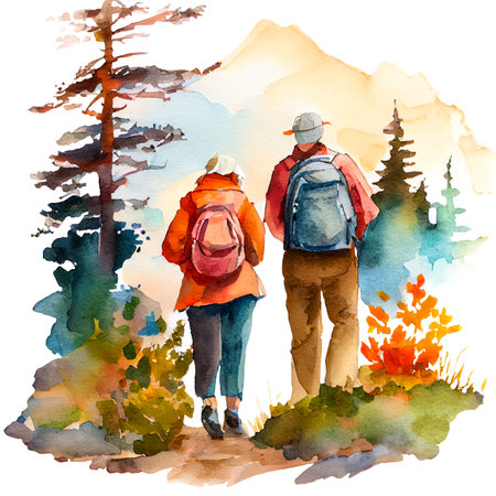 Couple of hikers on the trail in mountains. Rear view. Watercolor illustration isolated on whiteの素材