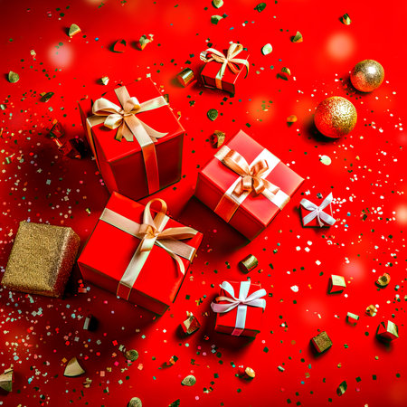 Gift boxes, holiday decorations, confetti on red backgroundの素材