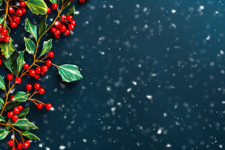 Christmas background with green branches, red holly berries and snowの素材
