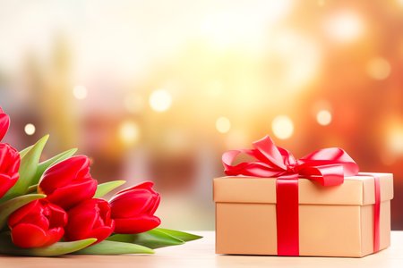 Gift box and red tulips on blurred background with bokeh.の素材