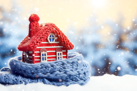 House wrapped up warm with a knitted scarf. Winter heating and energy conceptの素材