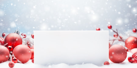 White blank mockup christmas card with snow, christmas decorations and bokehの素材