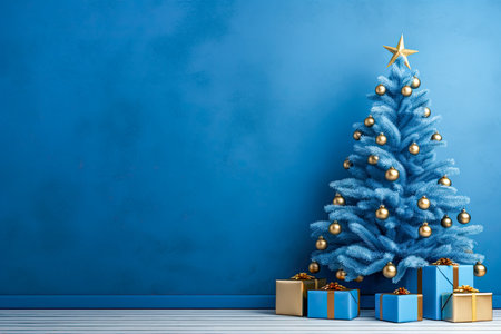 Blue wall and blue christmas tree with gift boxesの素材