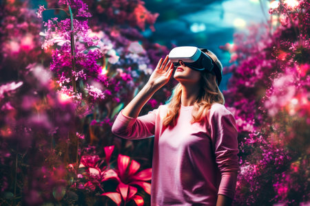 Woman looking at beautiful flowers in VRの素材