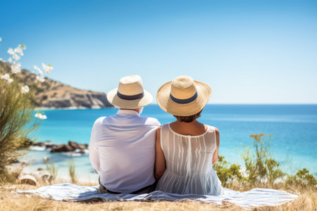 Senior couple relaxing together near the sea on sunny dayの素材