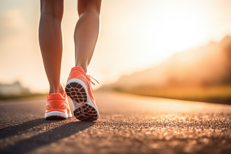 Woman in sports shoes, ready to begin runningの素材