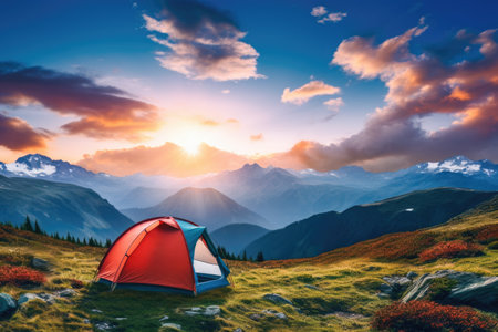 Camping tent high in the mountains at sunsetの素材