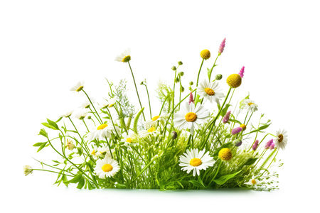 Spring grass and daisy flowers on white backgroundの素材