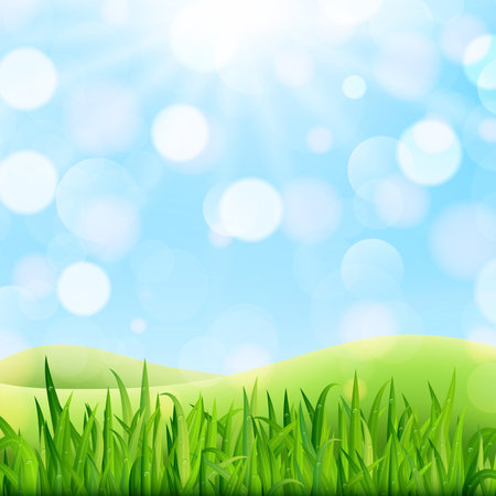 Summer meadow landscape with green grass, flowers, hills and sun. Vector illustrationのイラスト素材