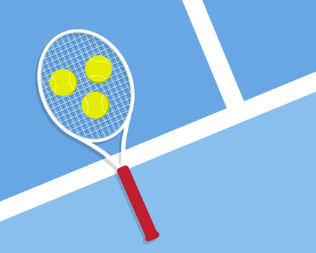 Tennis racket with balls lying on a blue courtのイラスト素材