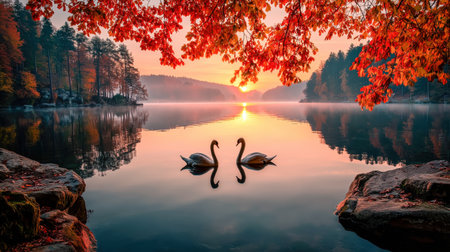 Romantic swans on autumn lake at sunriseの素材