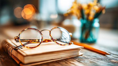 Warm-toned still life featuring eyeglasses on a notebook with pencils and decorの素材