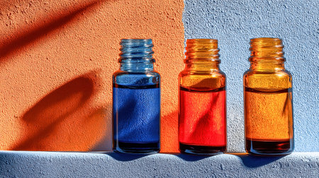 Minimal still life with three transparent glass bottles placed on a textured surfaceの素材