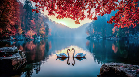 Two swans forming a heart shape on a calm forest lake surrounded by colorful autumn trees at sunriseの素材