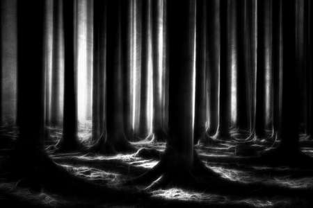 Mysterious black forest with dramatic lightの写真素材