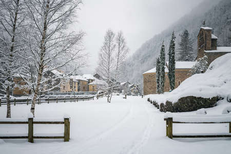 Salau french village in the pyrenees under the snowの写真素材