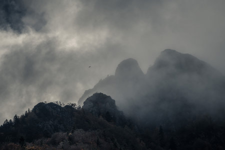 Mysterious autumn mountain with dramatic cloudy skyの写真素材
