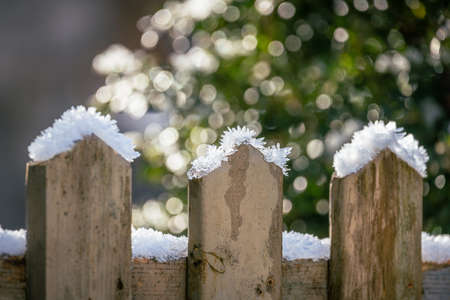 Frost covered garden fence in winterの写真素材