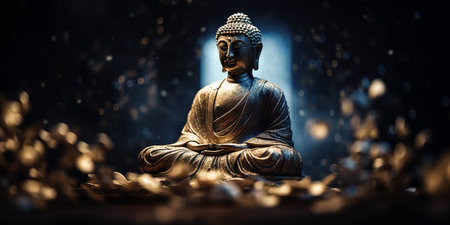 Buddha statue in the dark with golden bokeh background. Generative AIの素材