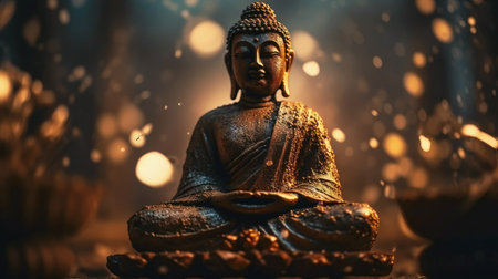 Buddha statue in the dark with golden bokeh background. Generative AIの素材