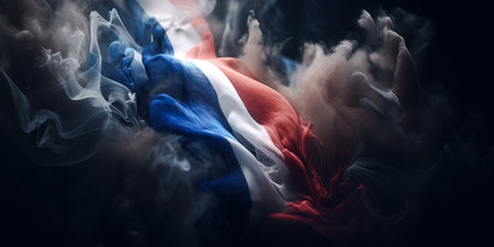 National flag of France in smoke on dark background. Generative AIの素材