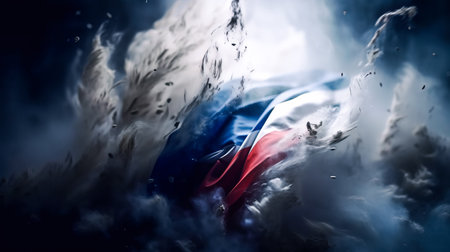 National flag of France in smoke on dark background. Generative AIの素材