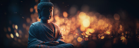 Buddha statue with golden bokeh background. Generative AIの素材