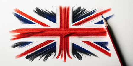 UK flag painted with pencils on white background. National flag of United Kingdom. Generative AIの素材