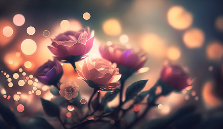 Bouquet of colorful roses on bokeh background, retro toned. generative aiの素材
