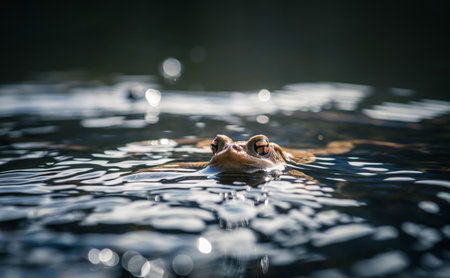 Frog in the water with bokeh on the background.