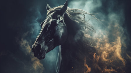 Fantasy portrait of a horse in the dark with fire and smoke. Generative AIの素材