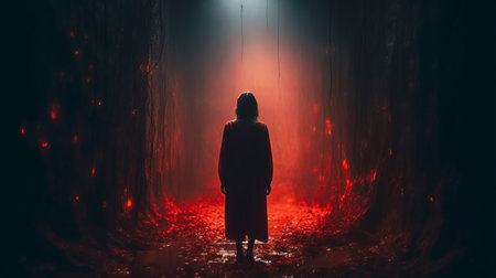 Woman standing in the dark forest with red light. Halloween concept. Generative AIの素材