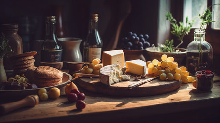 French cheese platter with grapes, nuts and crackers on wooden table. Generative AIの素材