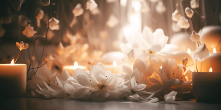 Beautiful flowers and candles on wooden table in room, closeupの素材