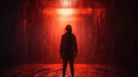 Woman standing in front of a wall covered with red light and rainの素材