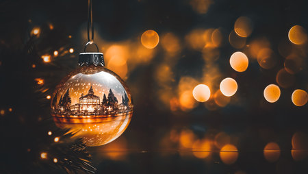 Christmas and New Year holidays background with bokeh lights and ornamentsの素材