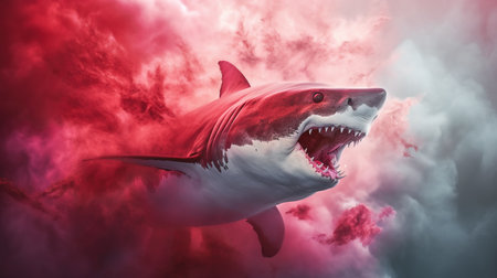 Great white shark in the bloody red water. Copy-space.の素材