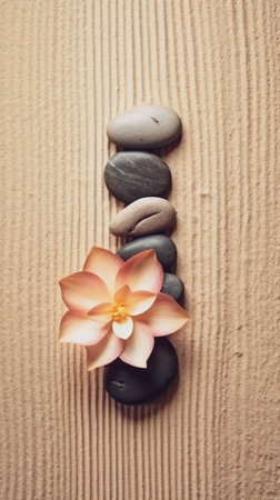 Spa stones and flower on sand background. Zen concept with copy spaceの素材