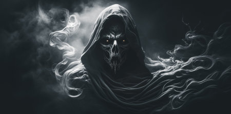 Halloween concept. Scary ghost with smoke on black background.の素材