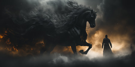 Silhouette of a man and a horse in the smoke.の素材