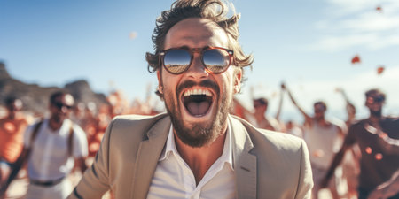 Handsome man in sunglasses having fun on the beach with friendsの素材