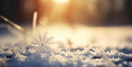 Snowflake in winter sunshine on bokeh background. Christmas and New Year concept.の素材