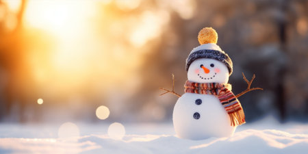 Snowman in winter forest. Christmas and New Year holidays background.の素材