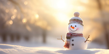 Snowman in winter forest at sunset. Christmas and New Year background.の素材