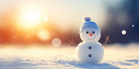 Snowman on snow with sunlight. Christmas and New Year background.の素材