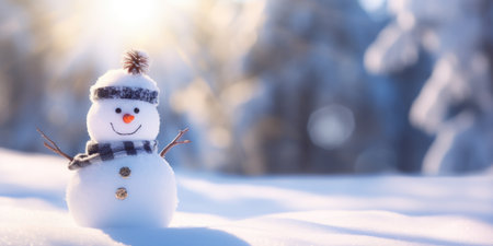Funny snowman in winter forest. Christmas and New Year background.の素材