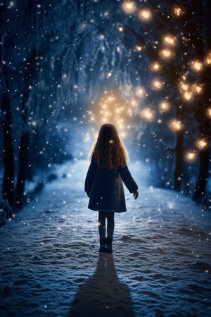 Little girl walking in winter fairy tale forest at night with lights on background.の素材